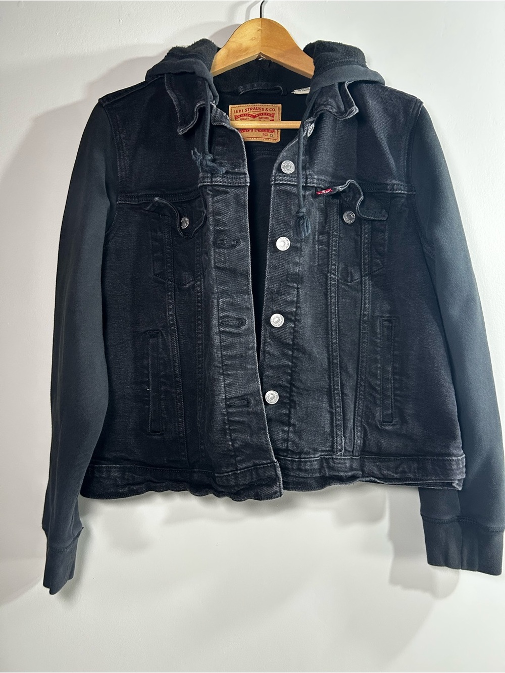 Levi's Youth XL Black Hooded Denim Jacket with Knit Sleeves -